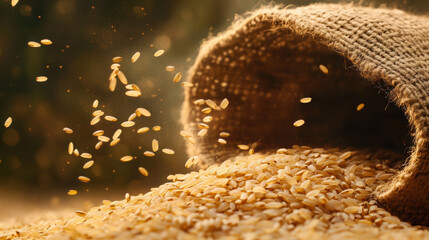 Obraz premium Flying rice grain above traditional rice sack with warm tones and natural food packaging feel in rustic setting creating cozy and organic atmosphere