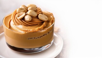 Delicious peanut butter mousse topped with roasted peanuts served in a glass dessert dish