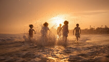 Children playing in the ocean at sunset