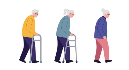 Elderly woman with walker: aging, mobility, and independence in flat design
