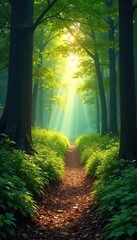 Obraz premium A winding path through a lush forest leads to a distant, sunlit clearing, symbolizing a transformative journey of self-discovery and growth , pathway, wilderness