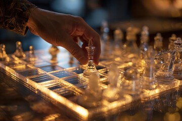 A hand moves a clear glass chess piece
