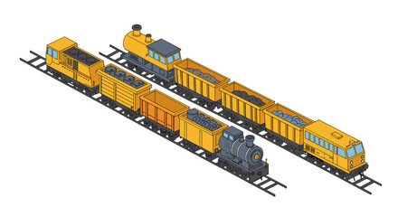 Colorful isometric freight train on tracks with engine and wagons
