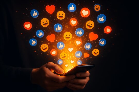 Vibrant glowing social media icons emojis flying from smartphone likes hearts love reactions engagement online community digital explosion communication fun online sharing connection happiness