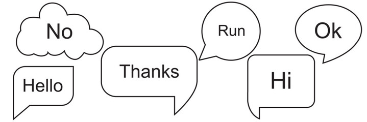 Speech bubbles with short text messages. Set of black speech bubbles containing simple words like Hello, Hi, Thanks, Ok, No, and Run, ideal for communication design. EPS 10

