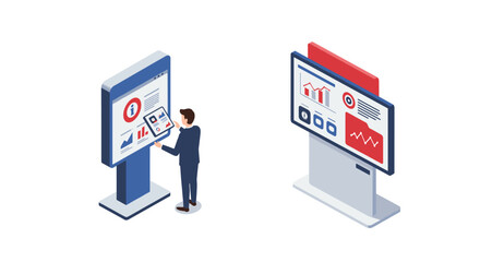 Isometric digital kiosk with interactive business and data analytics panels