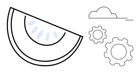 Half-melon slice with seeds, two gear shapes, and a minimalist cloud outline. Ideal for creativity, agriculture, collaboration, technology, growth, innovation simple landing page