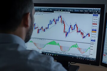 Person looking at a screen with candlestick charts and technical indicators