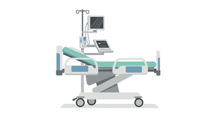 Modern hospital bed with medical equipment and monitor on white background