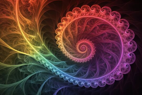 Vibrant Rainbow Fractal Spiral with Ornate Edges and Flowing Lines gradient colorful