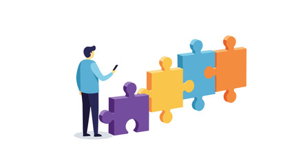 Obraz premium Businessman assembling colorful puzzle pieces for teamwork concept