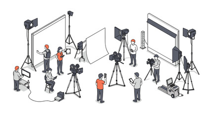 Film crew in studio setting with camera equipment and lighting in isometric style