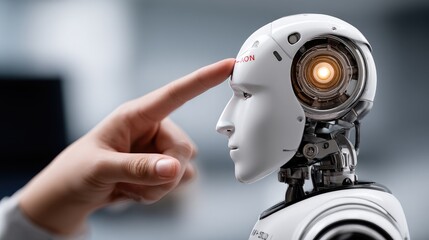 Human hand gently touches the head of a humanoid robot in a futuristic white environment showcasing advanced technology and artificial intelligence interaction