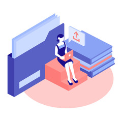 A woman working on a laptop, uploading data, next to folders and books.