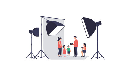 Family portrait session in photo studio with professional lighting setup