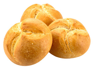 Crispy bread rolls isolated on white background. Fresh crispy bread rolls. Three bread rolls on white.