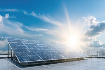 Modern house rooftop with shiny solar panels, blue sky with light clouds, eco friendly home concept.