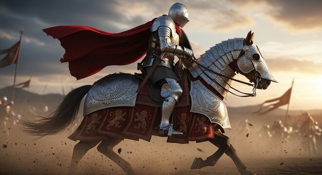 A valiant knight in shining armor with a flowing red cape rides an ornate warhorse across a battlefield at sunset.