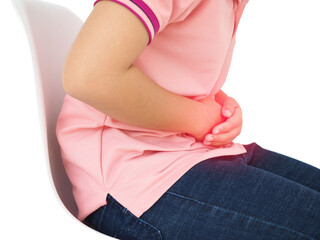 Woman with stomach pain causes of abdominal pain include inflammatory bowel disease-IBD. stomach ulcer irritable bowel syndrome (IBS), ulcerative colitis and microvilli. 