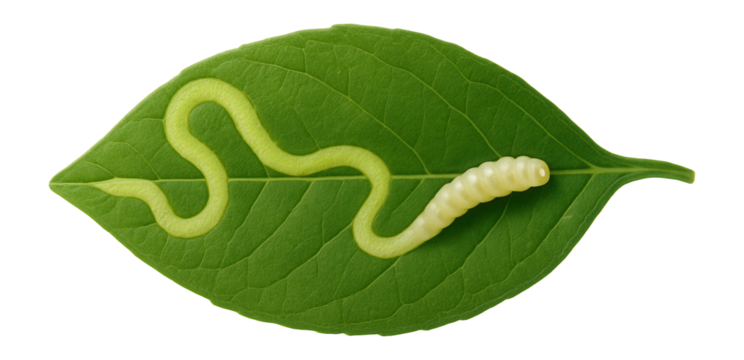 Leaf miner larva inside a serpentine tunnel in a leaf
