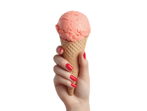 Female hand holding strawberry ice cream cone isolated on transparent background, Clipart png
