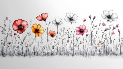 Sketch-Style Flower Field on Light Background: Red/Orange/Pink Large Flowers, B&W Small Flowers & Fine Black Outlines
