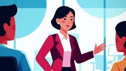 Animated illustration of a businesswoman leading a meeting with colleagues in a modern office setting.