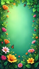 Lush green border with blooming wildflowers, insects , landscape, garden