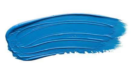 A wide brush stroke of blue acrylic paint, isolated on transparent background.