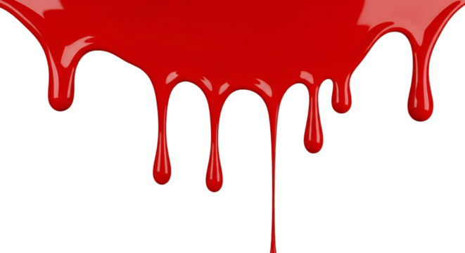 Red paint dripping down in glossy liquid form, isolated on transparent background.