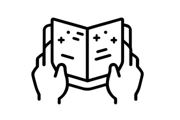 A brochure's linear icon set includes a thin line illustration of an advertising pamphlet on a clean white background