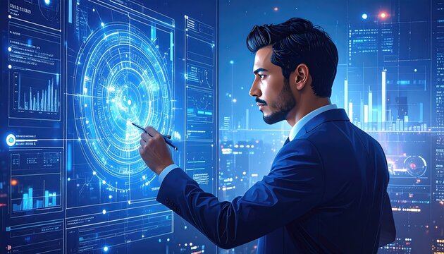 Man interacting with a glowing, futuristic interface showing data visualizations, bar graphs, and a cityscape backdrop