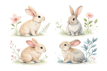 set of Watercolor baby bunny animals
