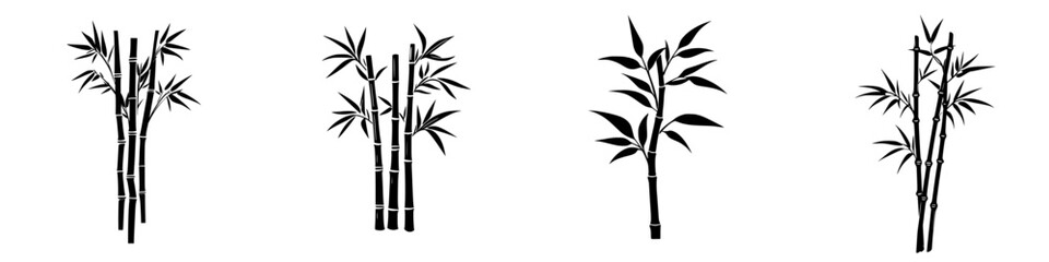 Minimalist black-and-white vector illustration of bamboo silhouettes with varying designs and formations © AI04