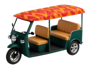 Electric rickshaw taxi with open sides and colorful canopy