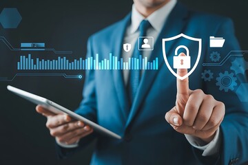Businessman touches digital shield with padlock and data graph security technology