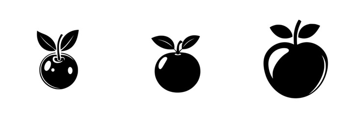 Minimalist black-and-white vector illustration of apple silhouettes with leaves, showcasing three distinct shapes and sizes