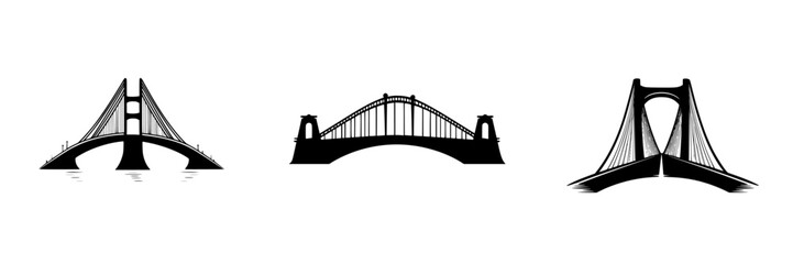 Obraz premium Unique minimalist vector illustrations of three diverse bridge designs showcasing architectural elegance in black and white