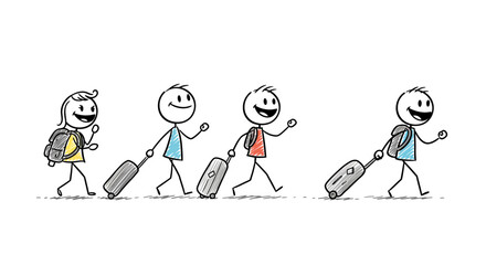 doodle stick figures traveling with luggage