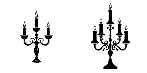 Elegant black-and-white vector illustration featuring minimalist candle holder designs in silhouette form