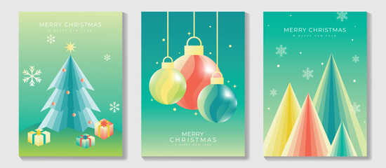 Christmas and Happy Holidays poster vector set. Modern new year card template with christmas tree, bauble, snowflake, gift on green gradient background. Design for cover, website, promotion, ads.