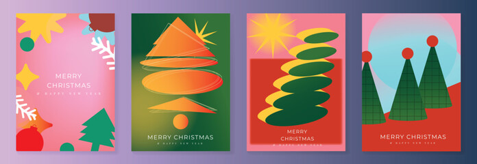 Obraz na płótnie Canvas Christmas and Happy Holidays poster vector set. Modern new year card template with christmas tree, bauble on pink red and green gradient background. Design for cover, website, promotion, ads.