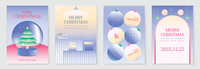 Obraz na płótnie Canvas Christmas and Happy Holidays poster vector set. Modern new year card template with christmas tree, bauble, gift, snow globe on blue gradient background. Design for cover, website, promotion, ads.