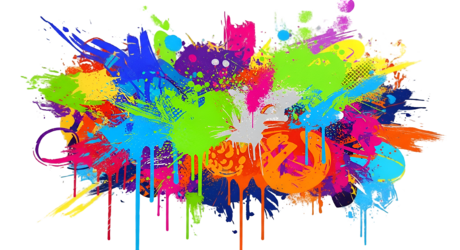 Colorful graffiti paint splatters in street art style, isolated on transparent background.
