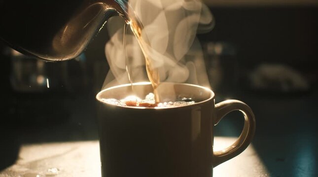 Steaming hot coffee being poured into a mug, inviting warmth and comfort.