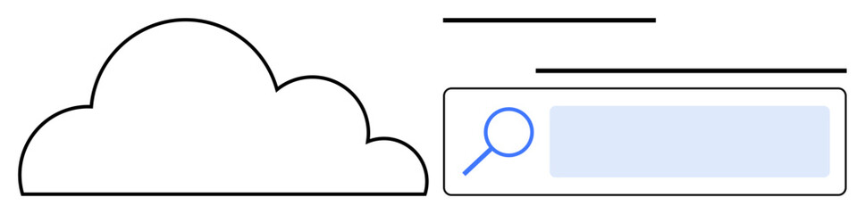 Outlined cloud icon beside a search bar with a magnifying glass, emphasizing digital data retrieval. Ideal for cloud storage, data access, search tools, online services, web design, navigation
