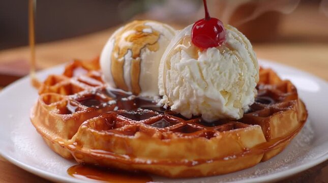 A mouthwatering waffle topped with vanilla ice cream and a cherry.