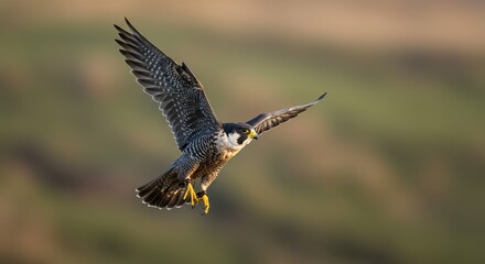Obraz premium A peregrine falcon soars gracefully through a soft, out-of-focus landscape, showcasing its powerful wings and sharp focus.