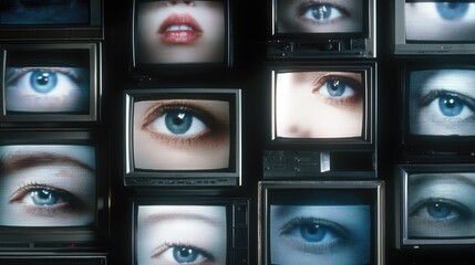 Digital surveillance and privacy concerns in business technology with vintage TVs displaying fragmented facial close-ups