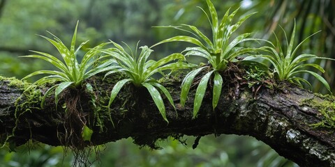 Lush green plants cling to a weathered forest branch, dripping with moisture.